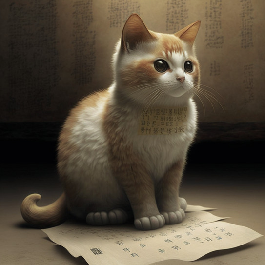 A cat stepping on a paper sheet with ideogram-looking symbols