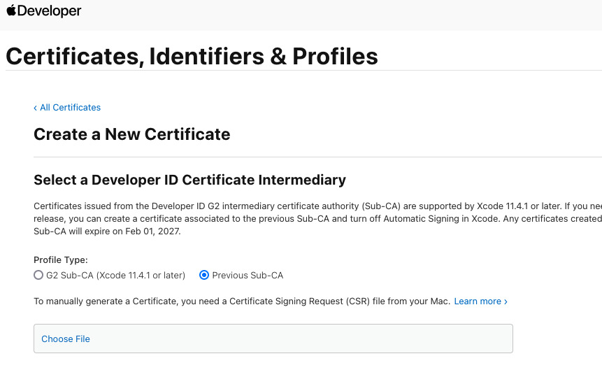 The certificate form from developer.apple.com