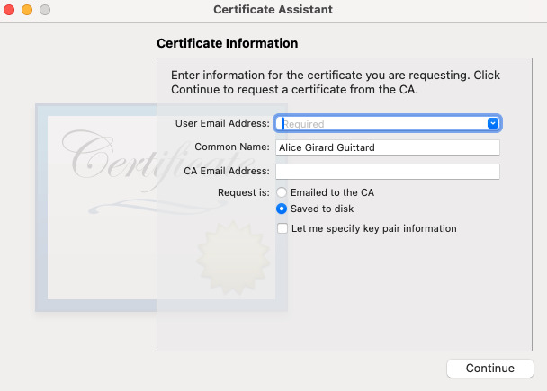 The certificate request form in Keychain