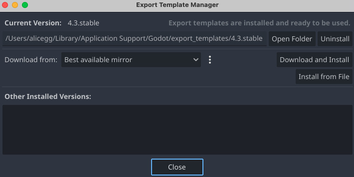 Godot's Export Templates menu