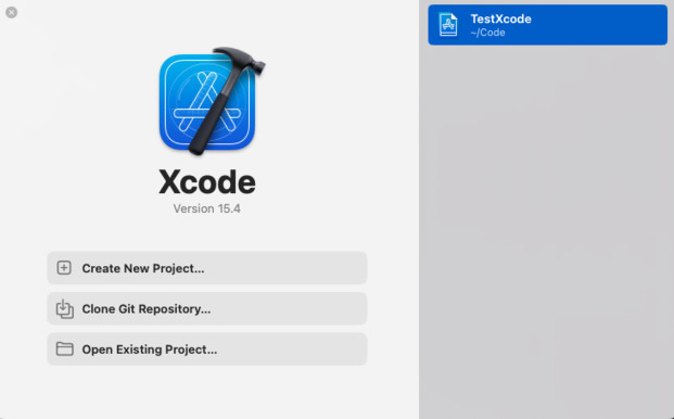 The Xcode home screen